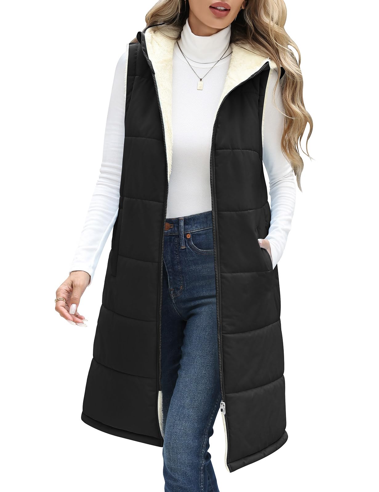 Vancavoo Chaleco Acolchado Mujer con Capucha Chaqueta sin Mangas Abrigo Plumas Largo Invierno Cálidos Chaleco de Forro Polar Outwear