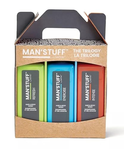 Mens Toiletry Gift Set Man Stuff The Trilogy Hair & Body Wash 3pc Set Vegan Shower Gel