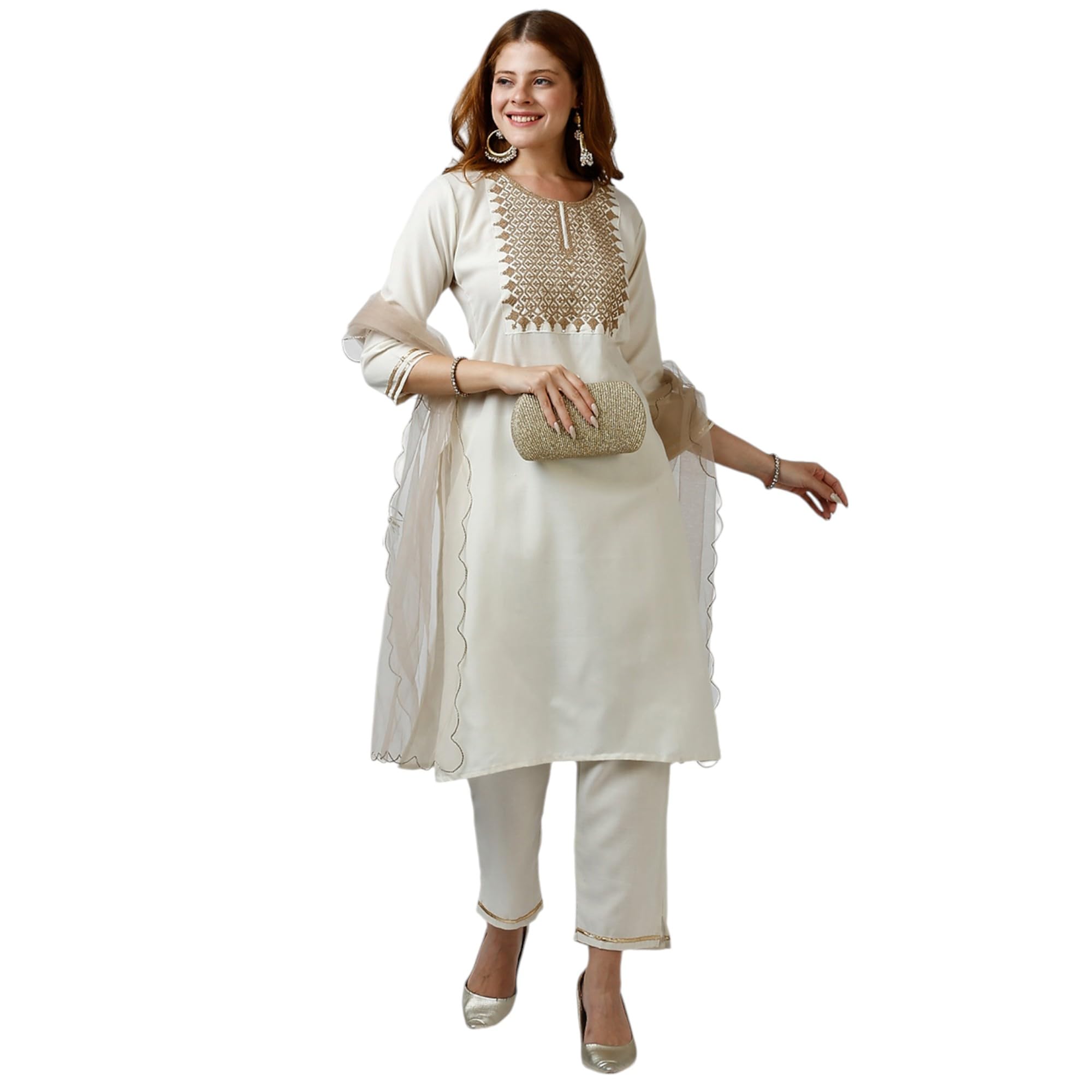 Gufrina Women's Cotton Blend Kurta Pant With Round Neck 3/4Th Sleeves Solid Pattern Embroidery Work Regular Fit And Calf Length