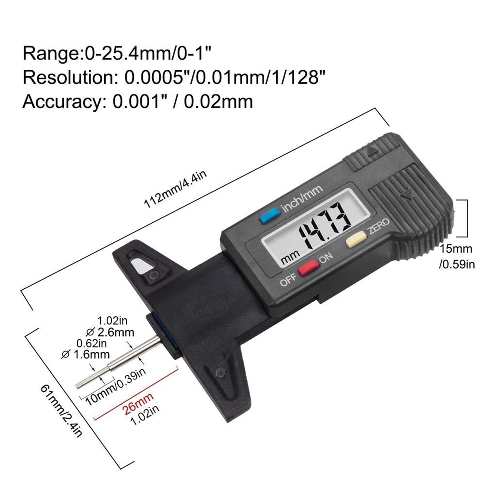 Medidor digital de presión de neumáticos, medidor de profundidad de neumáticos portátil, comprobador de profundidad de banda de rodadura de neumáticos de 0-25,4 mm, medición de profundidad de ne