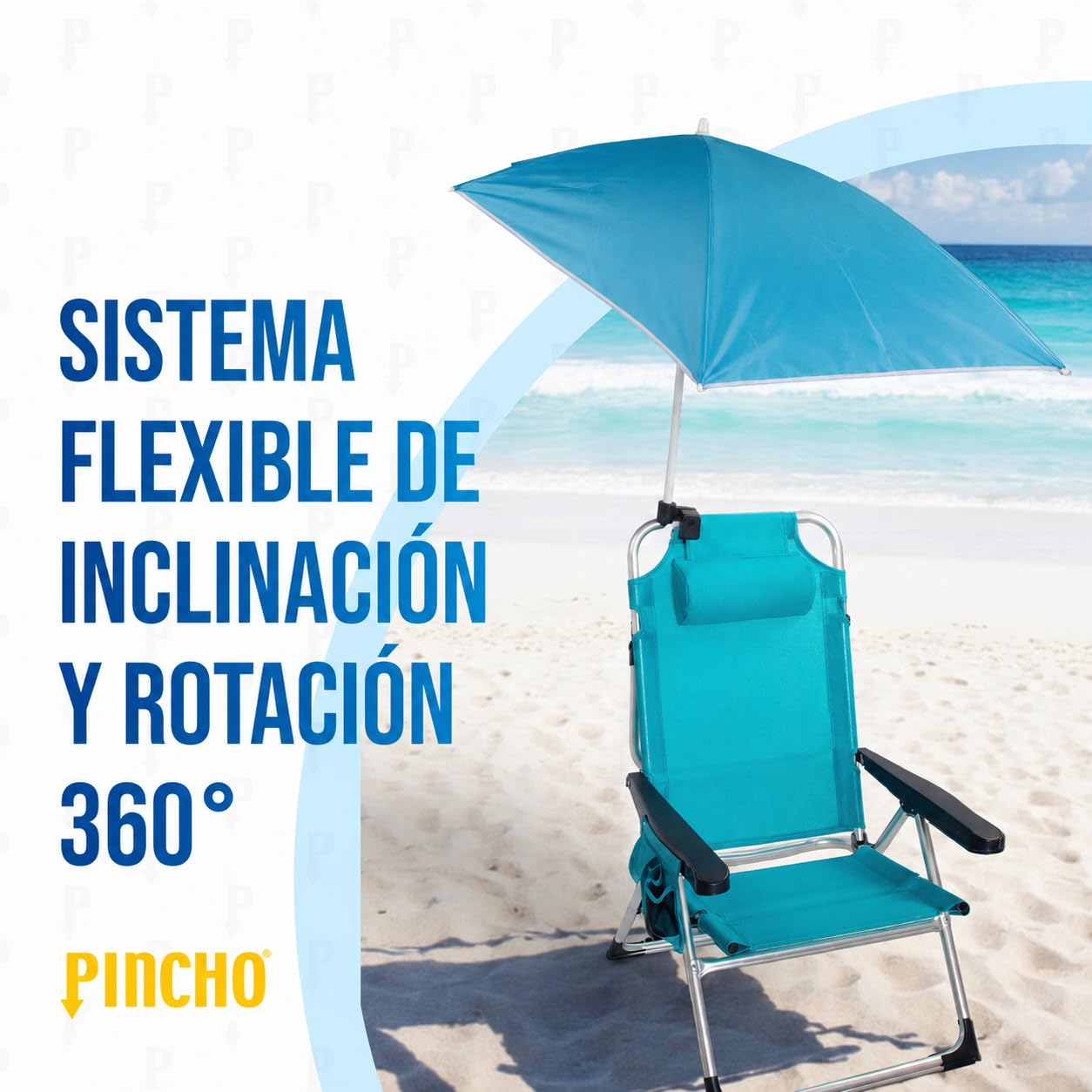 Pincho Sombrilla Tipo Vela Silla de Playa con rotacion 360 Grados y Doble posicion de Anclaje, Proteccion Solar UPF, Estructura Ligera Plegable Ideal para Pescar Leer y Actividades al Aire Libre
