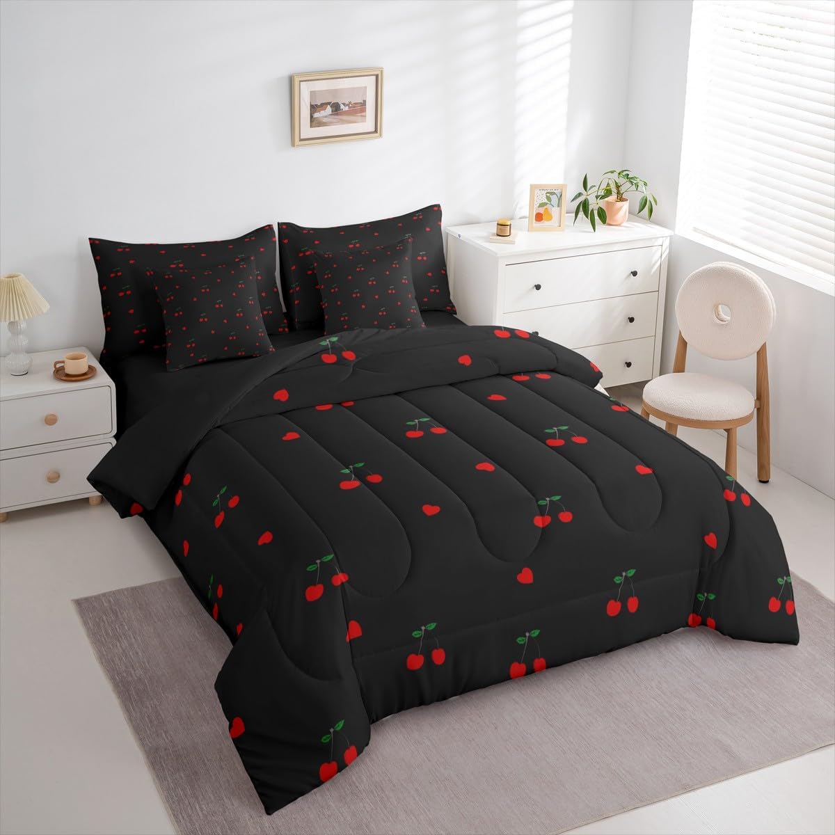 Erosebridal Kids Red Cherry 7 Pieces Bedding Set Twin,Cute Cherry Pattern Bed in a Bag,Yummy Fruit Love Hearts Bed Set Includes Comforter,Sheet Set,Pillowcases & Pillow Covers,Black Red Bedroom Decor