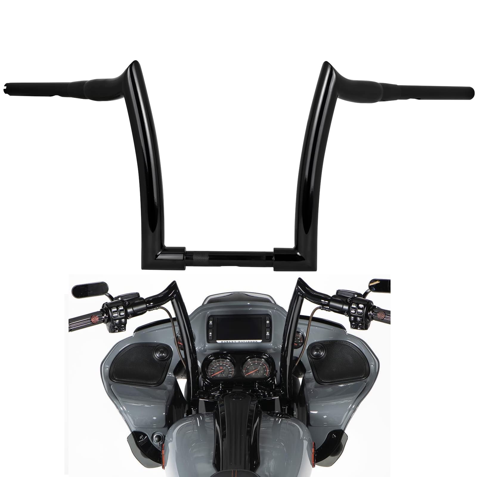YHTIMIOX14" Rise 1.5" Fat Motorcycle Handlebars Sharp Sheep Horn Style Ape Hangers Handlebar Compatible with Harley Dyna Scooter Softail Sportster Road King Gloss Black