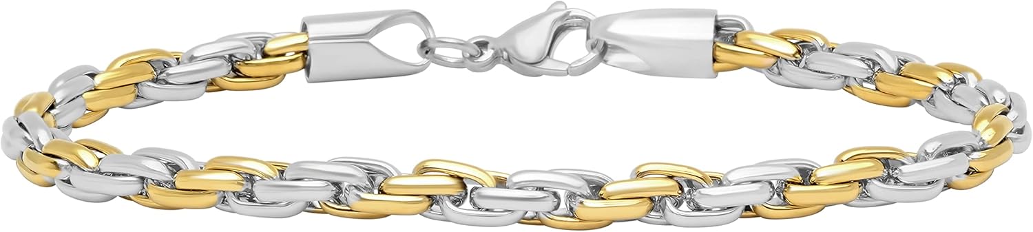 Men’s Two-Tone Gold-Plated Stainless Steel 5mm Rope Chain Bracelet, 8.5 Inch with Lobster Claw Clasp
