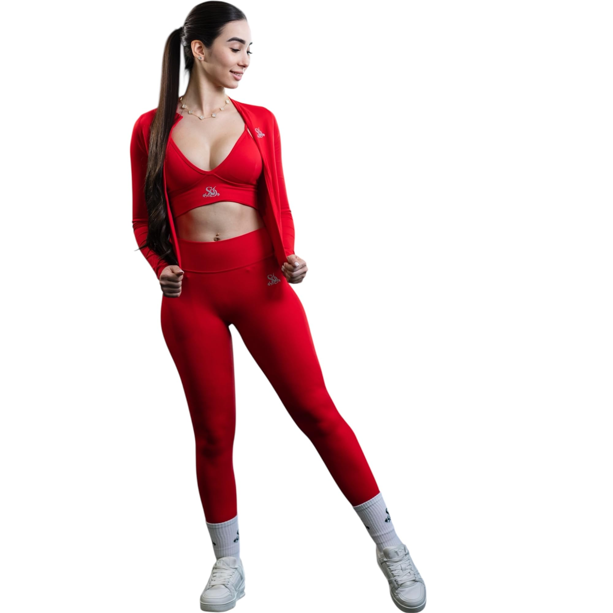 Womens 3-Piece Athletic Set Red Performance Jersey Knit with Contrast Piping High Stretch Fitted Activewear Sports Bra Leggings