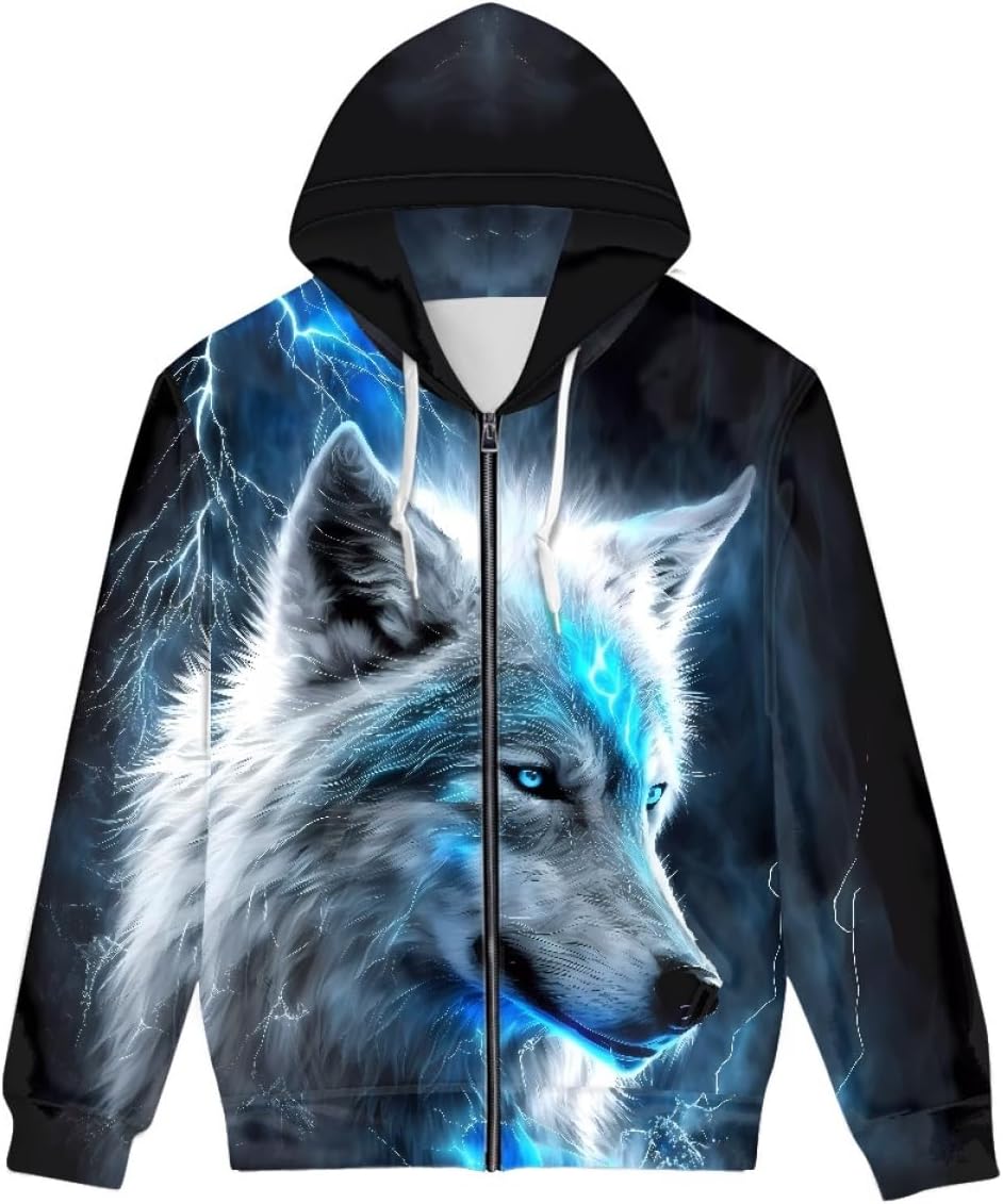 KIDVOVOU Mens Cool 3D Galaxy Wolf Print Zip up Hoodie Pullover Long Sleeve Graphic Hoodies Sweatshirt