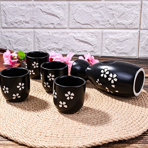 Bosili Ceramic Japanese Sake Set 1 Sake Bottle And 4 Sake Cups 5 Pieces Black Cherry Blossom Style For Sake White Wine(Black) #TOP5