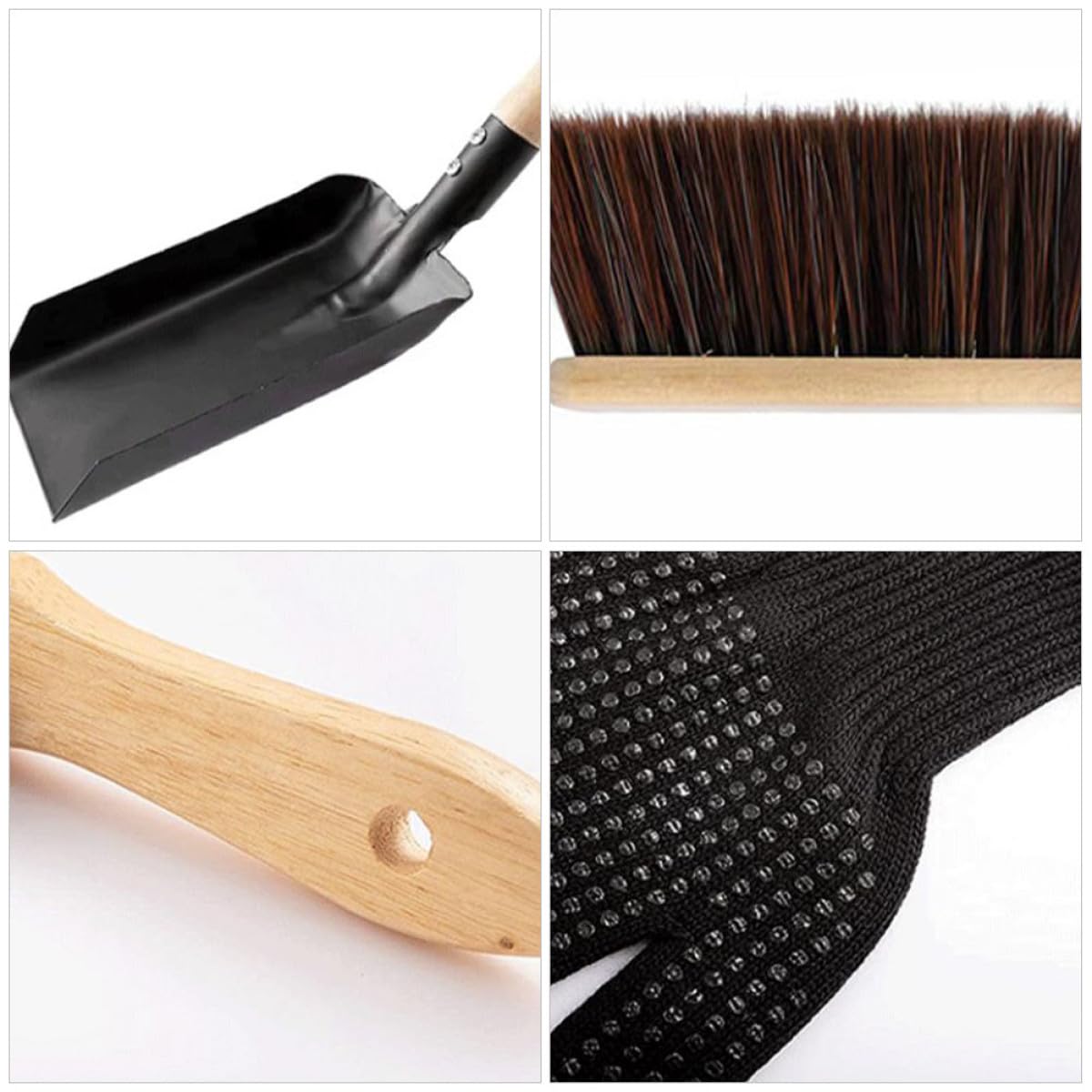 Homoyoyo Set Paletta per Cenere e Scopa per Riscaldamento in Acciaio al Carbonio Manico in Legno Guanti Resistenti al Calore per Pulizia Domestica Kit Compatto e Portatile per