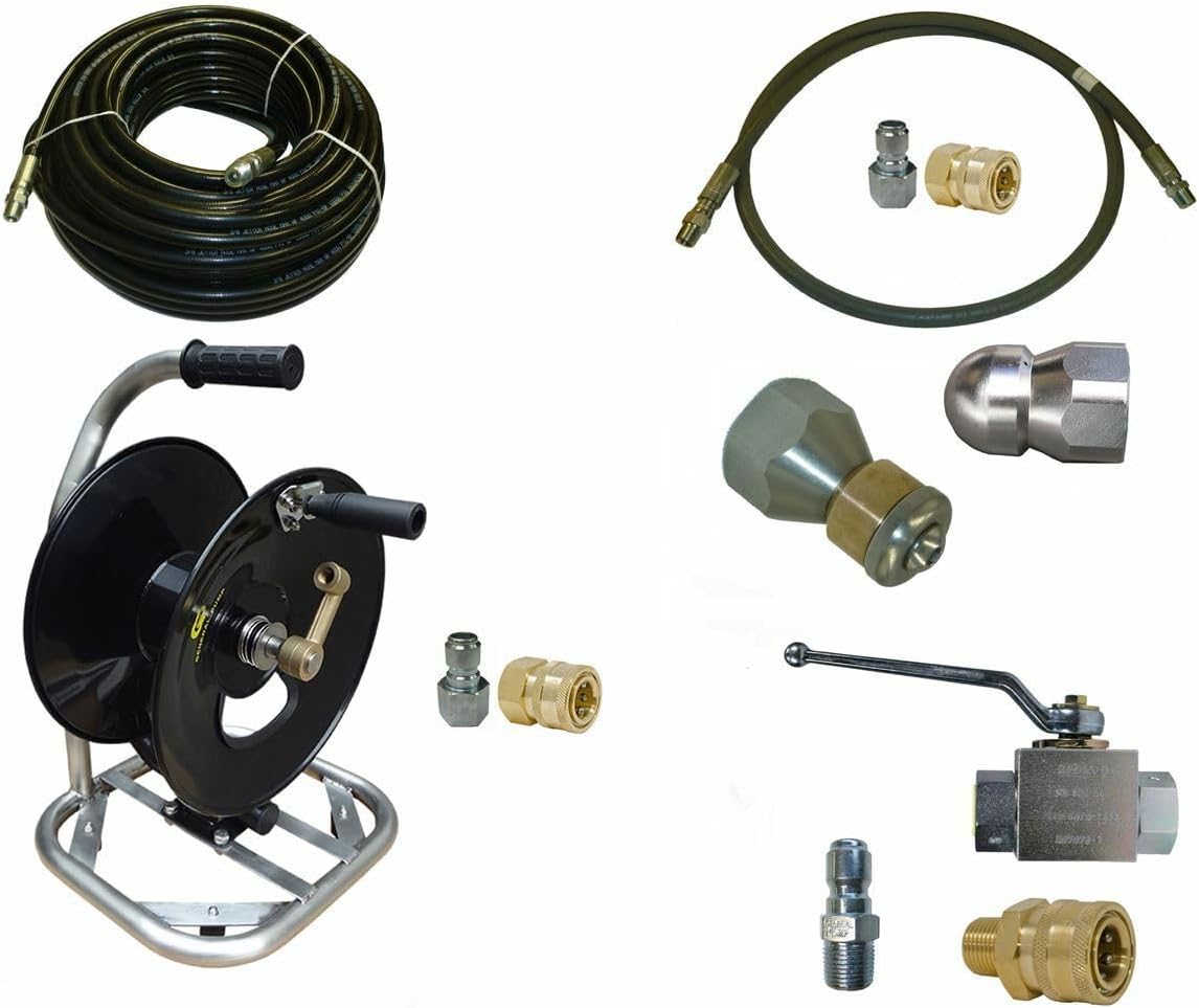 Replacement for Sewer Jetter Cleaner Kit - Ball Valve, 100' x 3/8" Hose, Reel and Nozzles