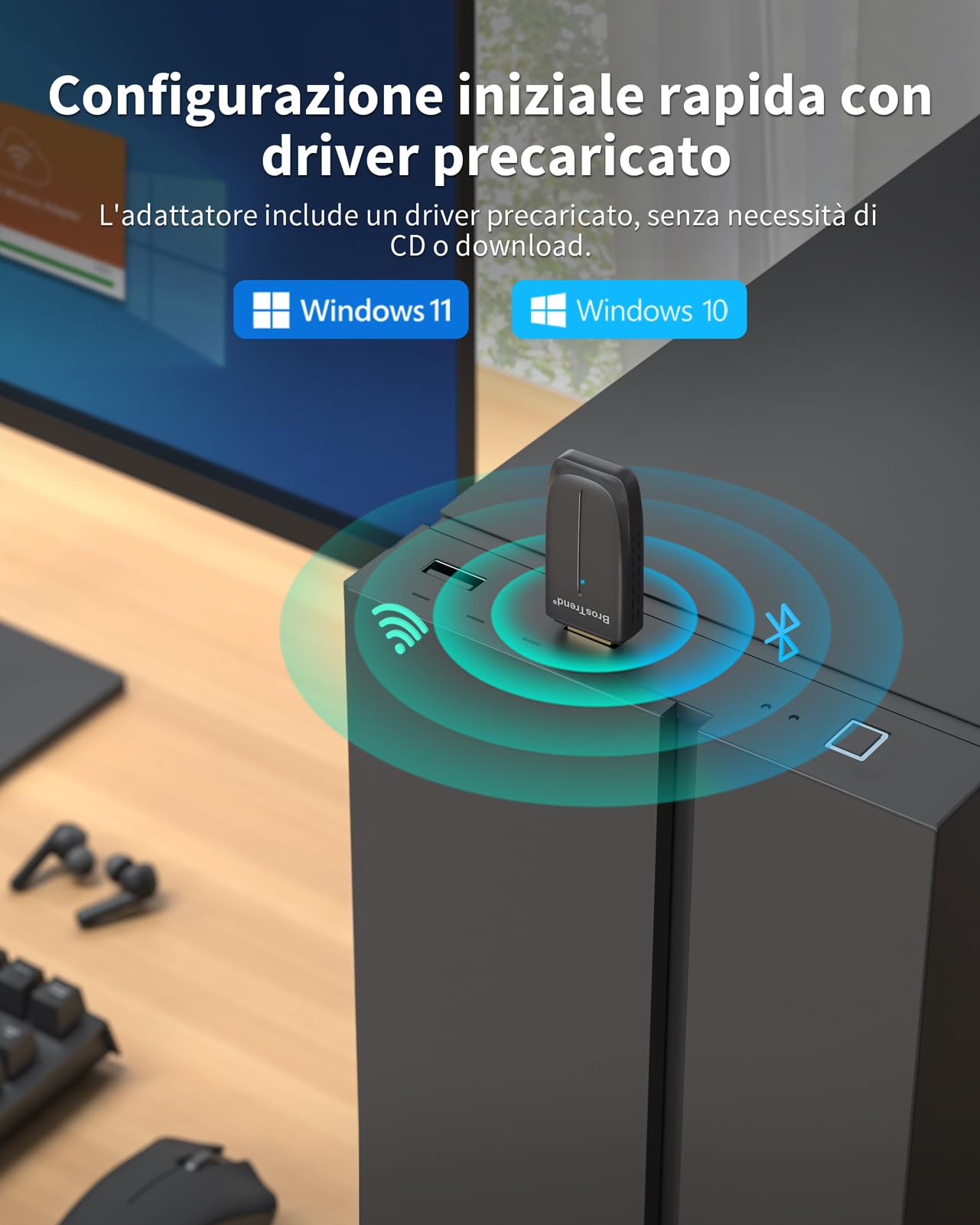 BrosTrend AX900 WiFi 6 USB Ricevitore 𝐁𝐥𝐮𝐞𝐭𝐨𝐨𝐭𝐡 𝟓.𝟒, Chiavetta WiFi per PC Fisso, Mini Bluetooth USB Adattatore Wi-Fi Dual Band 5GHz 600Mbps + 2.4GHz 286Mbps Supporta Windows 11/10, WPA3