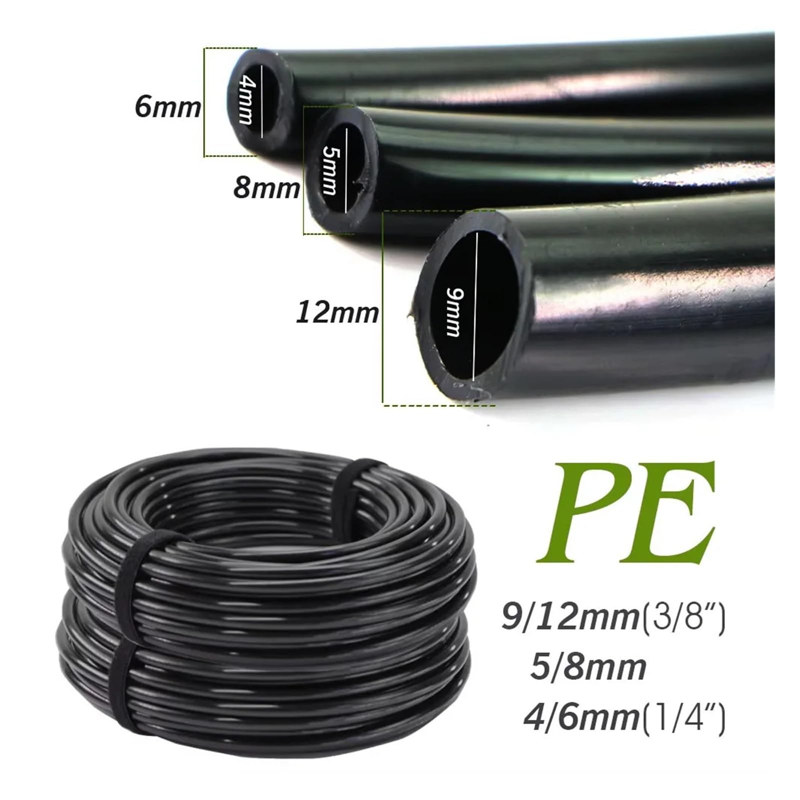 Manguera de jardín de PE negra 10-50 m 6-12 mm for sistema de riego | Tubería de PE resistente a la presión for sistemas de riego de jardines y césped.(OD-6mm,30m-98.4FT)