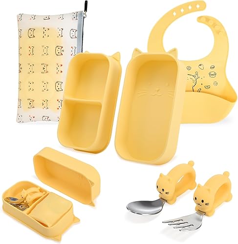 Miniatura 8 de Platos de succión para bebés pequeños, juego de 6 piezas de alimentación de silicona de viaje para niños pequeños/niños, plegables, antideslizantes,