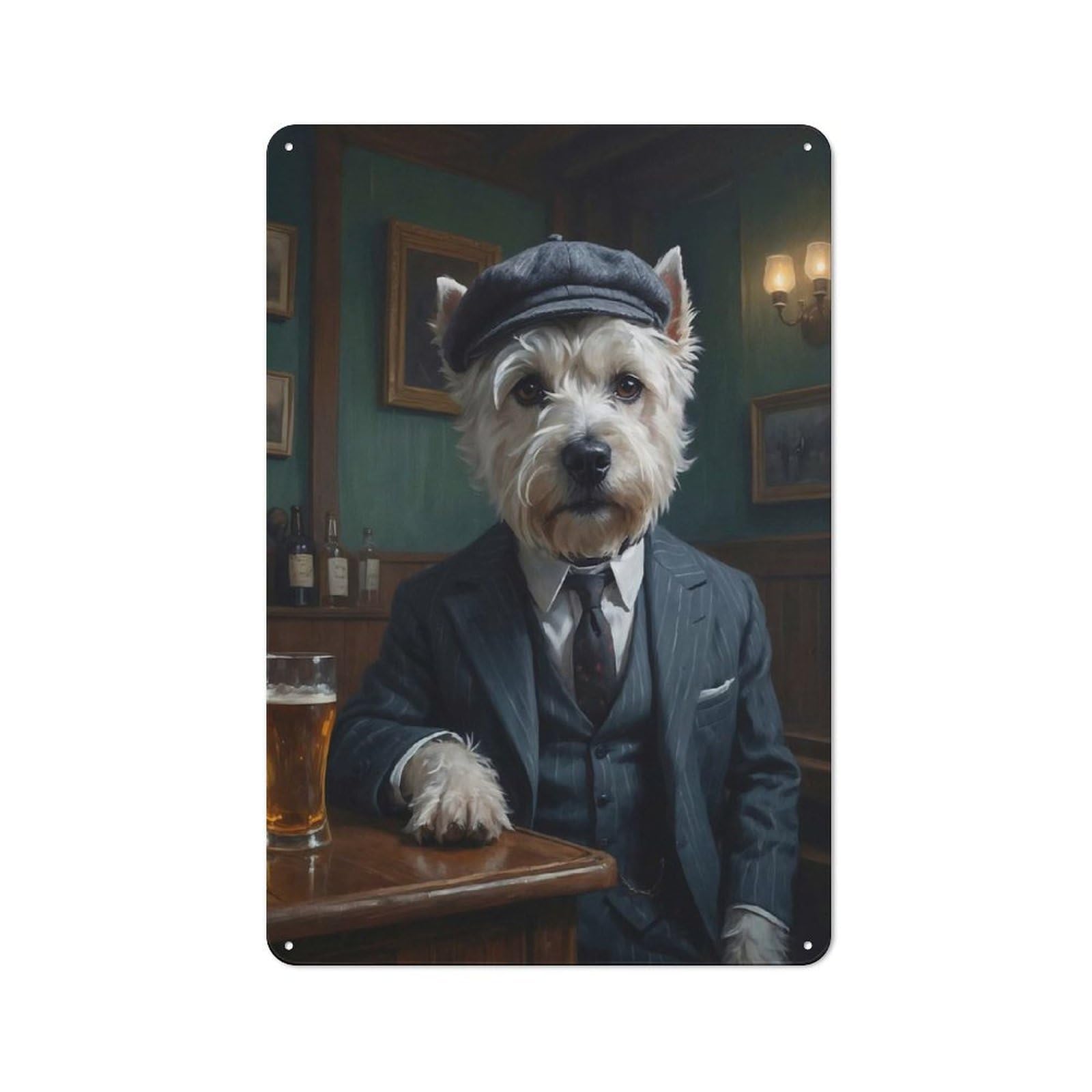 Junmoney West Highland Terrier Dog In Suit At The Pub Printed Tin Plaque, Small Wall Accent For Coffee Corner, Diner Or Kitchen Decor, 30X20cm