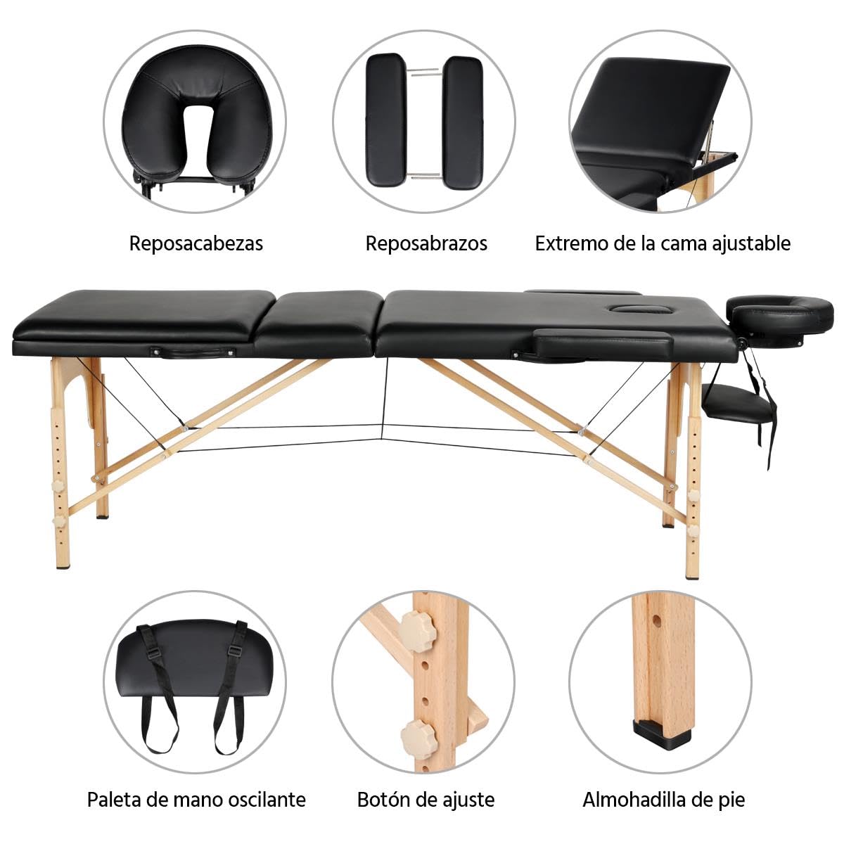 Yaheetech Tragbare Massageliege, faltbar, mit 3 Zonen, aus Buchenholz | Höhenverstellbare Kopfstütze und abnehmbare Armlehnen mit Staubbeutel, für Physiotherapie, Tragkraft 250 kg, 213 x 57 cm