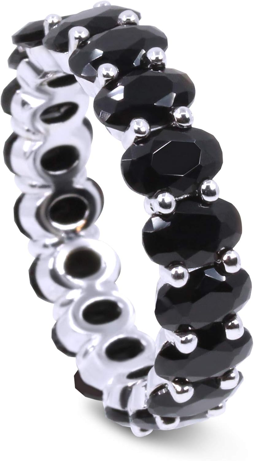 Savlano 18K White Gold Plated Black Cubic Zirconia Oval Cut Eternity Ring Band for Women - Image 2