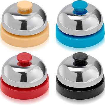4 Pieces 2.4" Call Bell for Service, Front Desk Bell with Metal Construction, Clear Crisp Sound Ringer for Dog Training Reception Area Trivia Games Blue, Black, Red, and Khaki