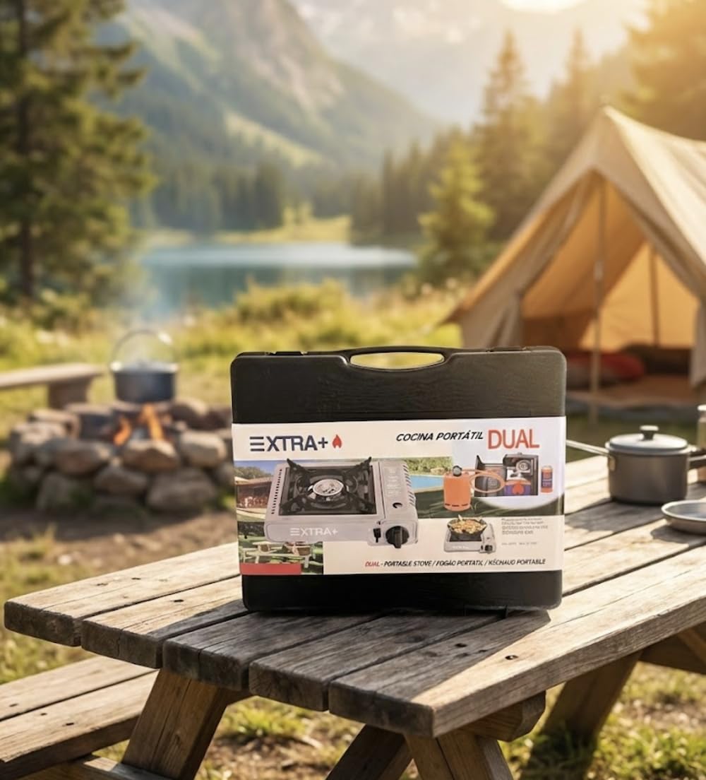 Cocina de Camping Gas Portátil DUAL – Compatible con Cartucho B250 y Botella de Butano – Hornillo Camping Potente, Seguro y Compacto para Exterior (COCINA DUAL + MANGUERA + REGULADOR GAS)