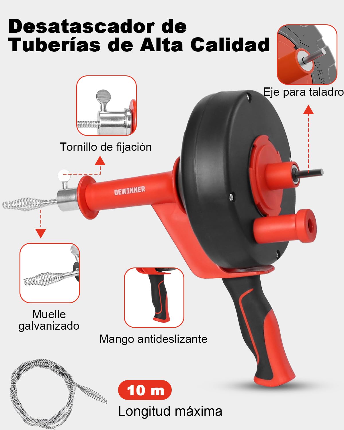 DEWINNER Desatascador de Tuberías 10m Profesional - Kit 2 en 1 Manual y para Taladro, Elimina Atascos de Pelo y Grasa, Guantes y Bolsa - Para Fregadero, Lavabo, Ducha