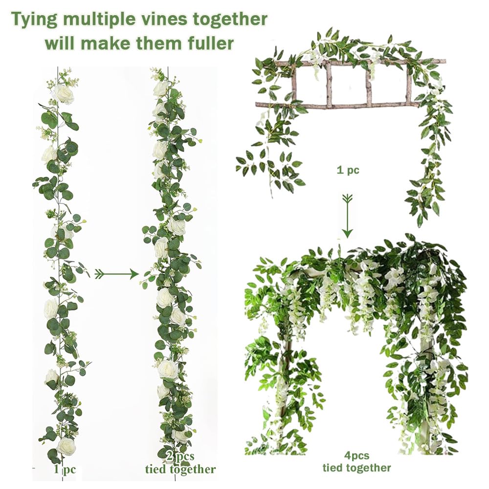 Highdi Finta Pianta Artificiale, Artificiale Rampicante Ghirlanda Fiore di Rosa Pendenti Finte Pianta Foglie per Decorazione Parete Festa Matrimonio Giardino Esterno (Bianco,6 Pezzi)