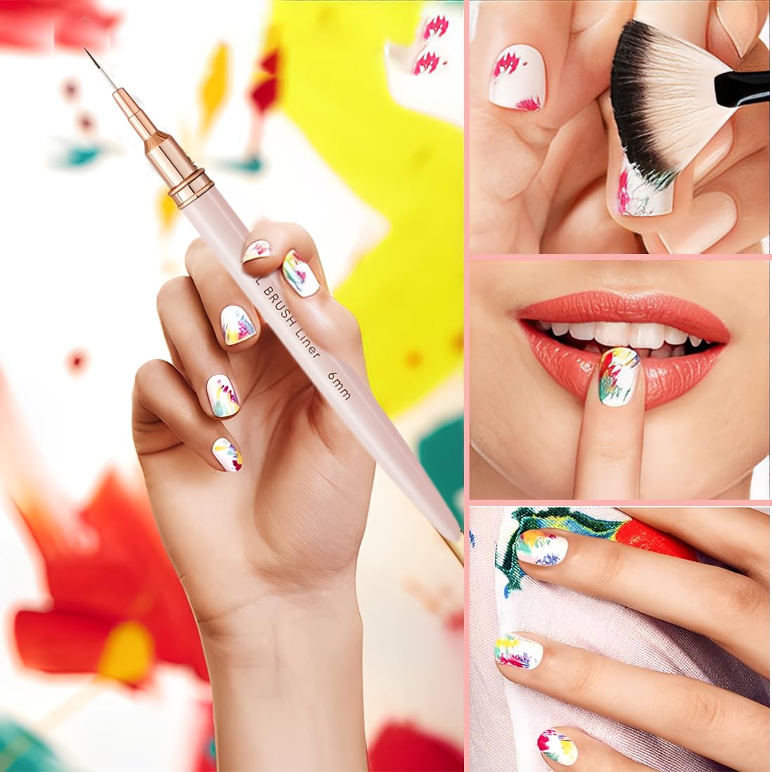 WeddHuis Pennelli per nail art, 5 pennelli per nail art, set di pennelli per disegnare e punteggiare le unghie, per linee lunghe, dettagli sottili, dimensioni 6/9/12/15/18 mm,rosa