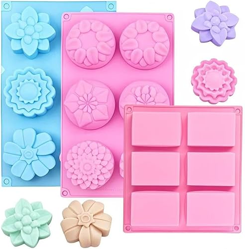 Miniatura 2 de Paquete de 3 moldes de silicona para jabón, 6 moldes de jabón rectangulares, diferentes formas de moldes de silicona en forma de flor, adecuados