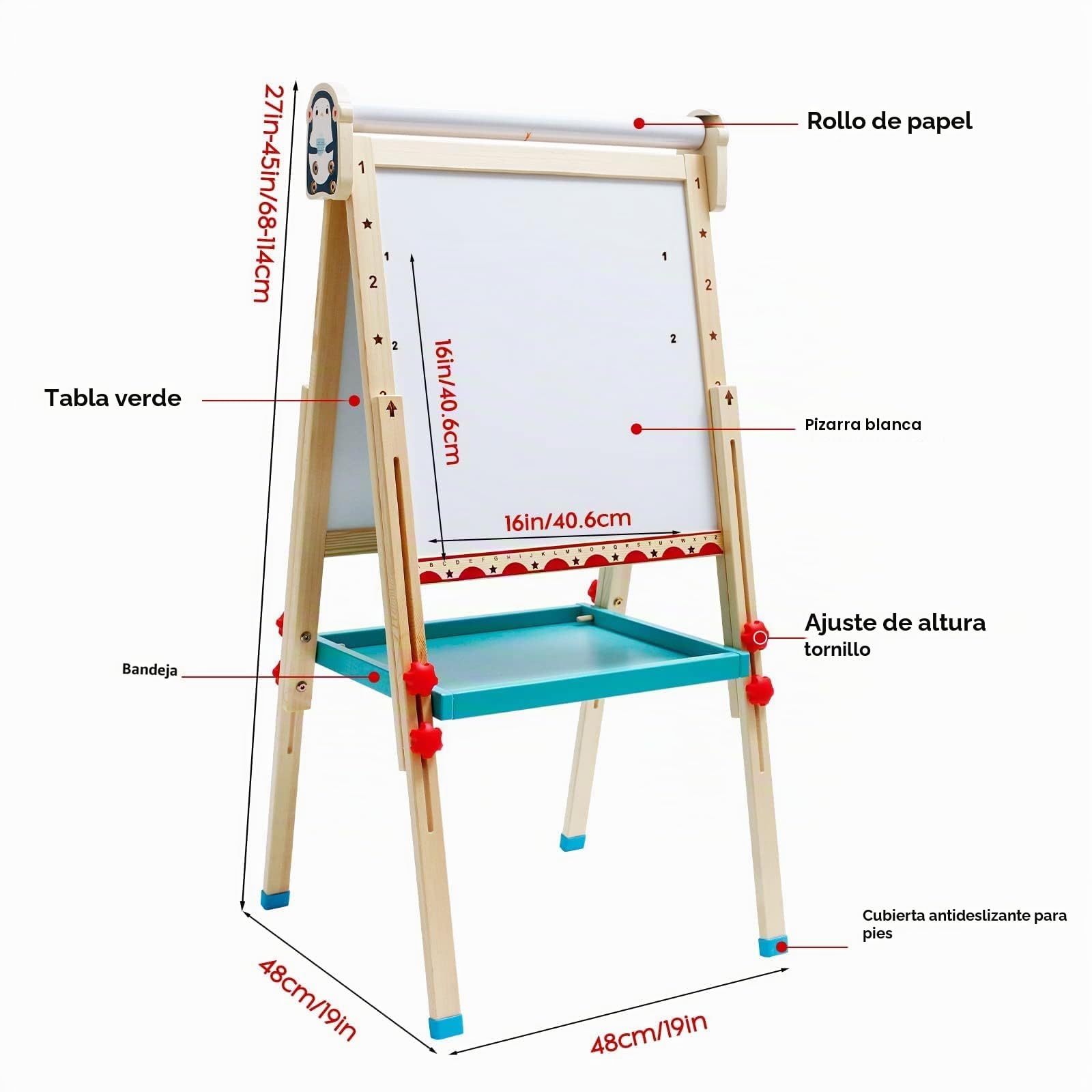 Caballete para Niños, Caballete de Arte de Madera con Altura Ajustable con Rollo de Papel, Bandeja de Almacenamiento y Otros Accesorios, Pizarra y Pizarra Independiente para Niños y Jóvenes