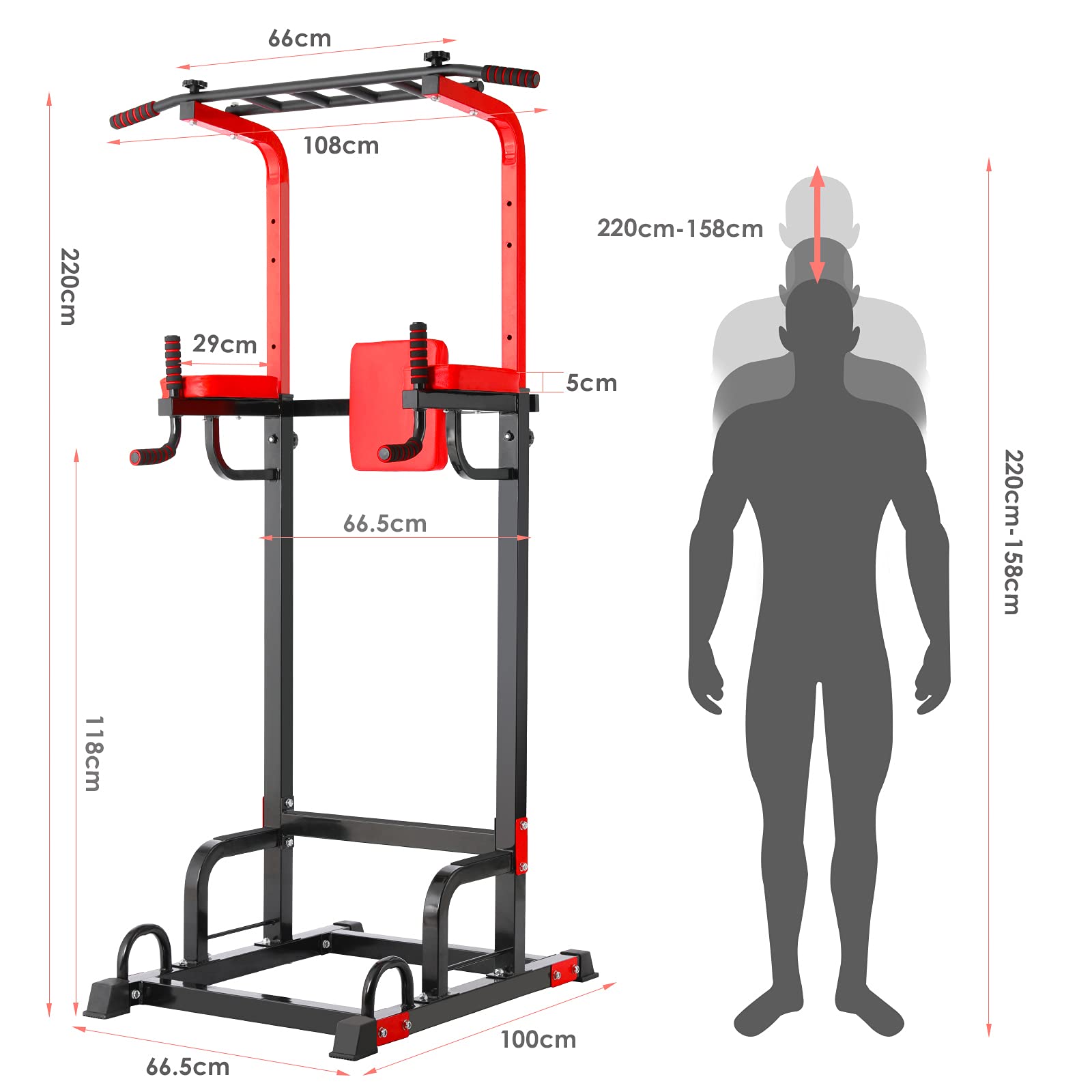 Power Tower Dip Station, Regolabile in Altezza Fitness Strength Station con barra per trazioni, Power Tower multifunzione per allenamento della forza in palestra domestica, caricabile 200KG
