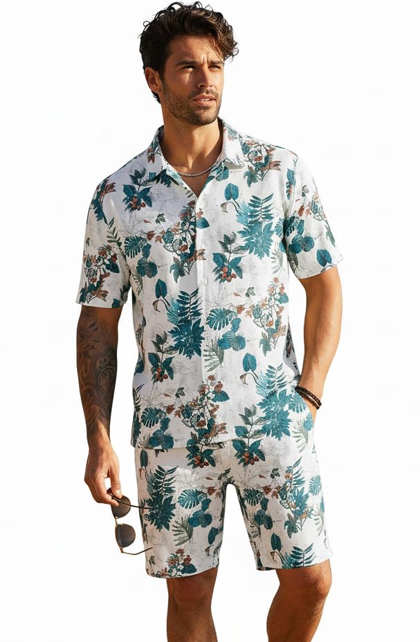 Image of Zilcon Men's Matching Set Summer Beach 2 Piece Outfits Floral and Palms Button Down Shirts and Shorts Goa Vacation Outfits