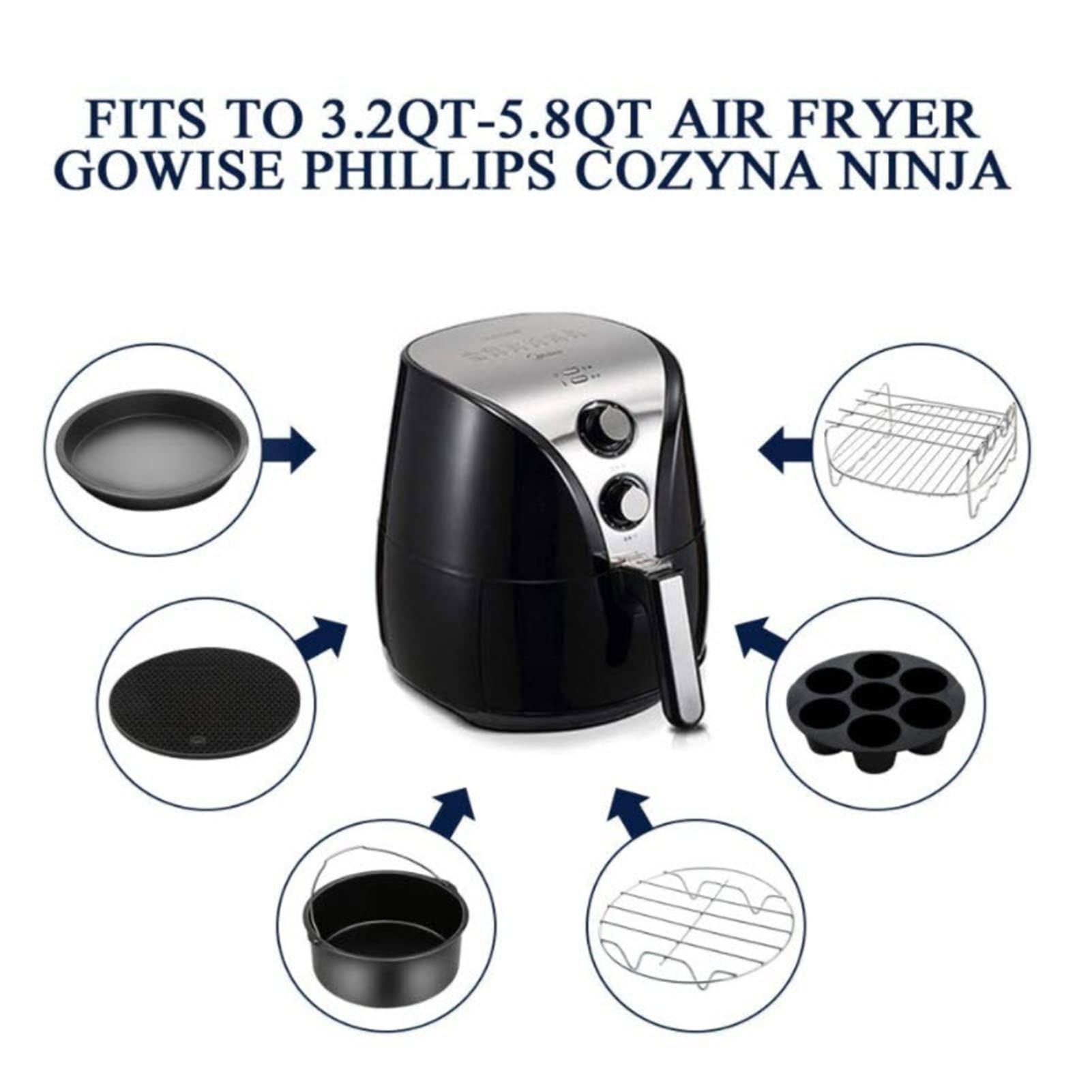 8 Pulgadas Kits De Accesorios Universales Para Freidoras De Aire Juego De 5 Para Todas Las Marcas De Freidoras Profundas De 5.2-5.8QT Incluye Barril Para Pasteles, Parrilla, Alfombrilla De Silicona