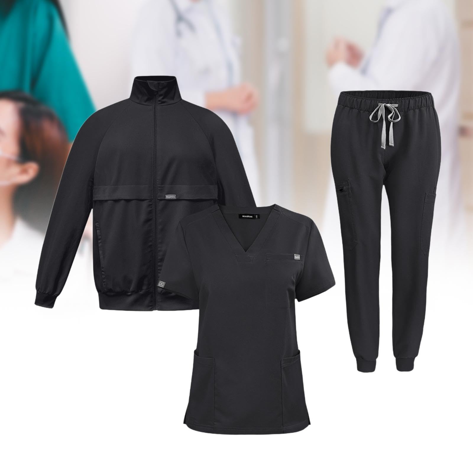 del oficio de enfermera friega los trajes determinados del trabajo de la chaqueta de los pantalones superiores de para el, Negro, L