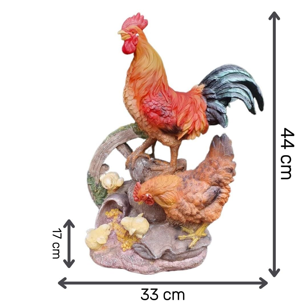 Figurka ogrodowa koguta z kurczakiem i pisklętami na kole, 44 cm, figurka do ogrodu, odporna na warunki atmosferyczne dekoracja, figurka farmy