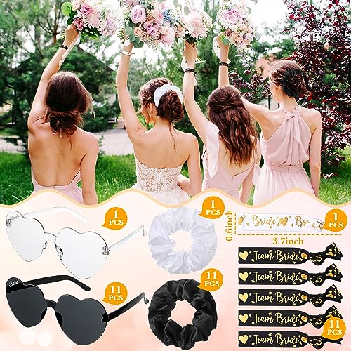 Kanayu 12 Sets Bachelorette Party Decorations Bachelorette Sunglasses Satin Bridesmaid Scrunchies Wristbands for Bridesmaids2