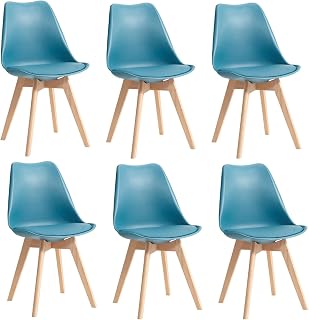 Juego de 6 sillas de comedor escandinavas modernas con asiento acolchado y patas de madera de haya, ideal para comedor, cocina, sala de estar, dormitorio (turquesa) (YJX-020406)