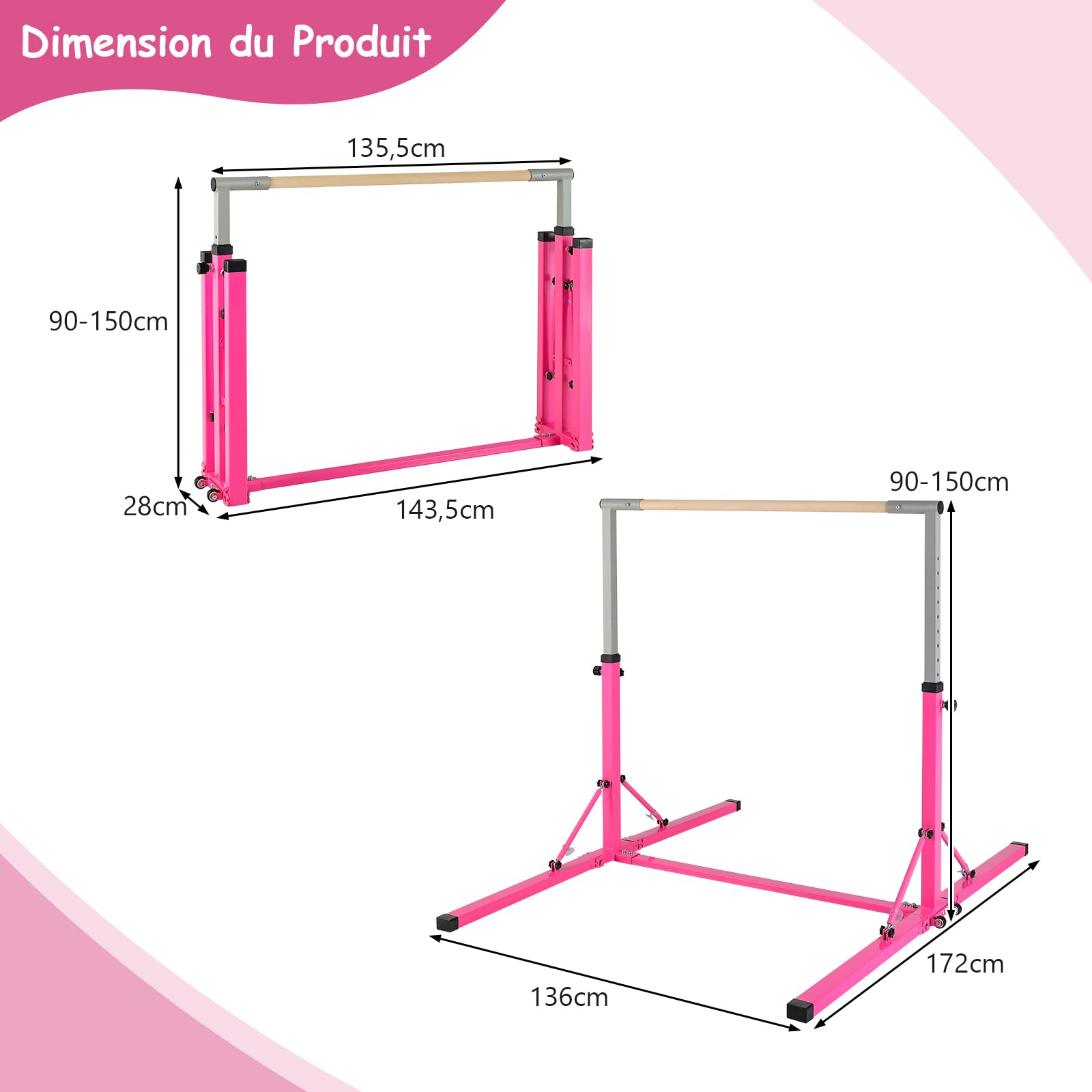 COSTWAY Barre de Gymnastique Pliable pour Enfants avec 13 Hauteurs Réglables (90-150cm), Barre d'Entraînement Extensible avec Structure Triangulaire, Charge 100kg pour Maison Salle de Gym