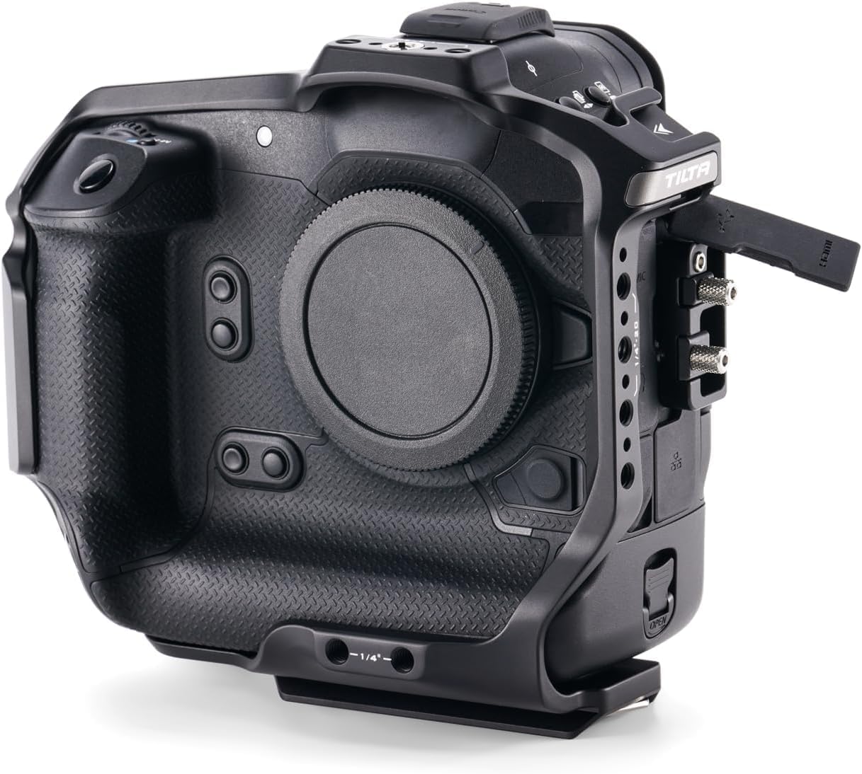 Tilta Full Camera Cage Compatible with Canon R1 – Black | ARCA Plate for Tripods & DJI Gimbals | 1/4"-20, 3/8"-16, Cold Shoe Mounting Points for Accessories | HDMI/USB-C Clamp