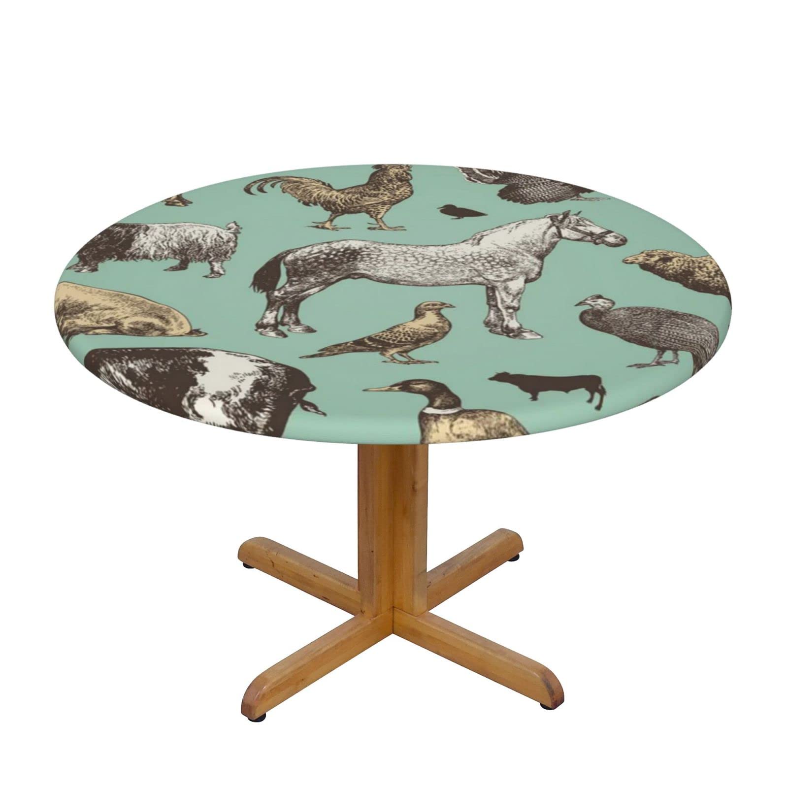Lsjuee Round Fitted Tablecloth 45-50in Elastic Edged Table Cloth for Kitchen Dining Party Home Decor - Farm Animals Blue