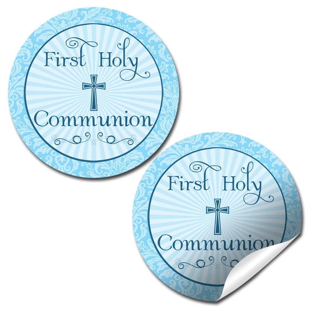 First Holy Communion Religious Thank You Sticker Labels for Boys 40 2" Party Circle Stickers by AmandaCreation, Great for Party Favors, Envelope Seals