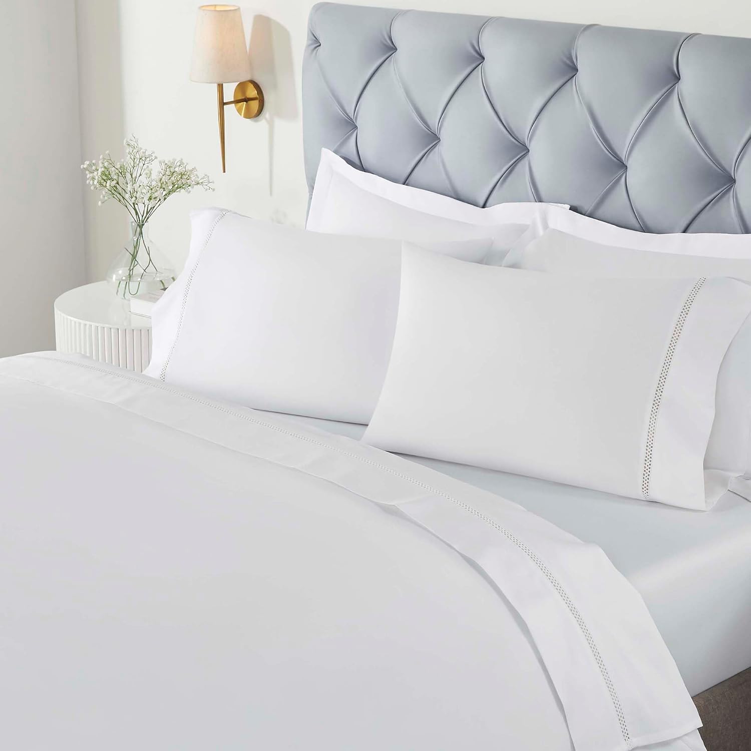 Superior Embroidered Cotton Bed Sheet Set, 1 Elastic Deep Pocket Fitted Sheet, 1 Flat Sheet, 1 Pillowcase, Daily Soft Sheets, Cotton Cross-Stitch Design, Riverton Collection, Twin, White-White