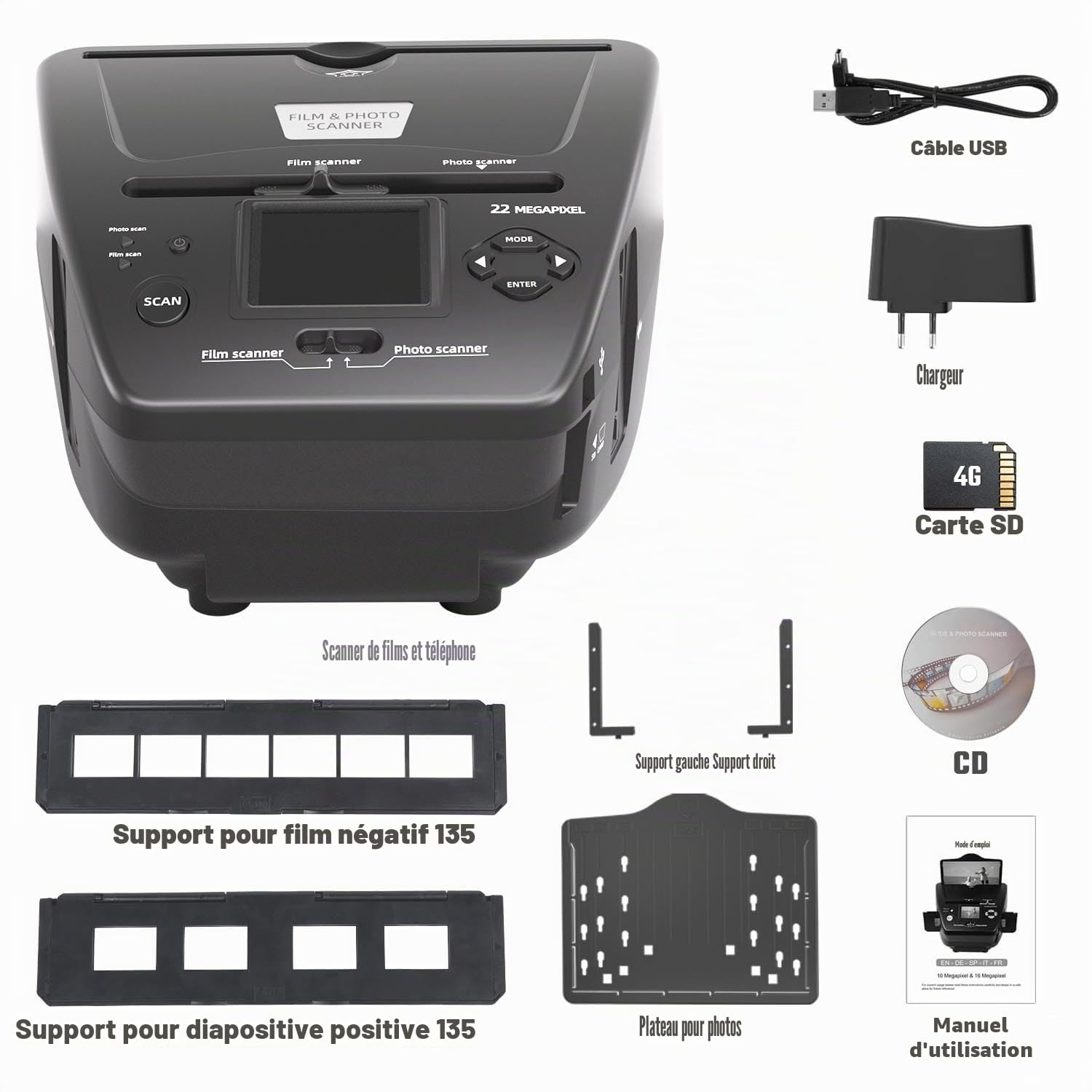 Scanner multifonction pour photos, diapositives et négatifs, convertit les négatifs/diapositives de 35 mm en format JPEG numérique 22 MP, carte mémoire 4 Go incluse, scanner de diapositives