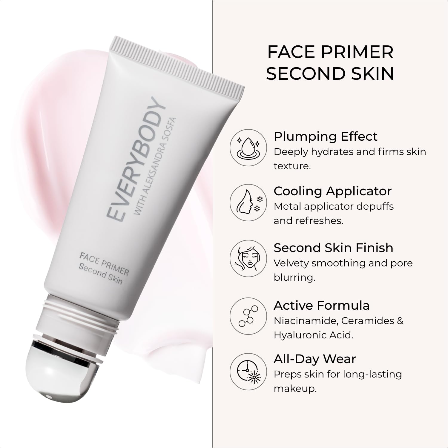 EVERYBODY LONDON x Aleksandra Sosfa Baza do twarzy pod makijaż Second Skin Plumping Face Primer Nawilżająco Wygładzająca z Niacynamidem, Ceramidami i Chłodzącym Aplikatorem 30 ml