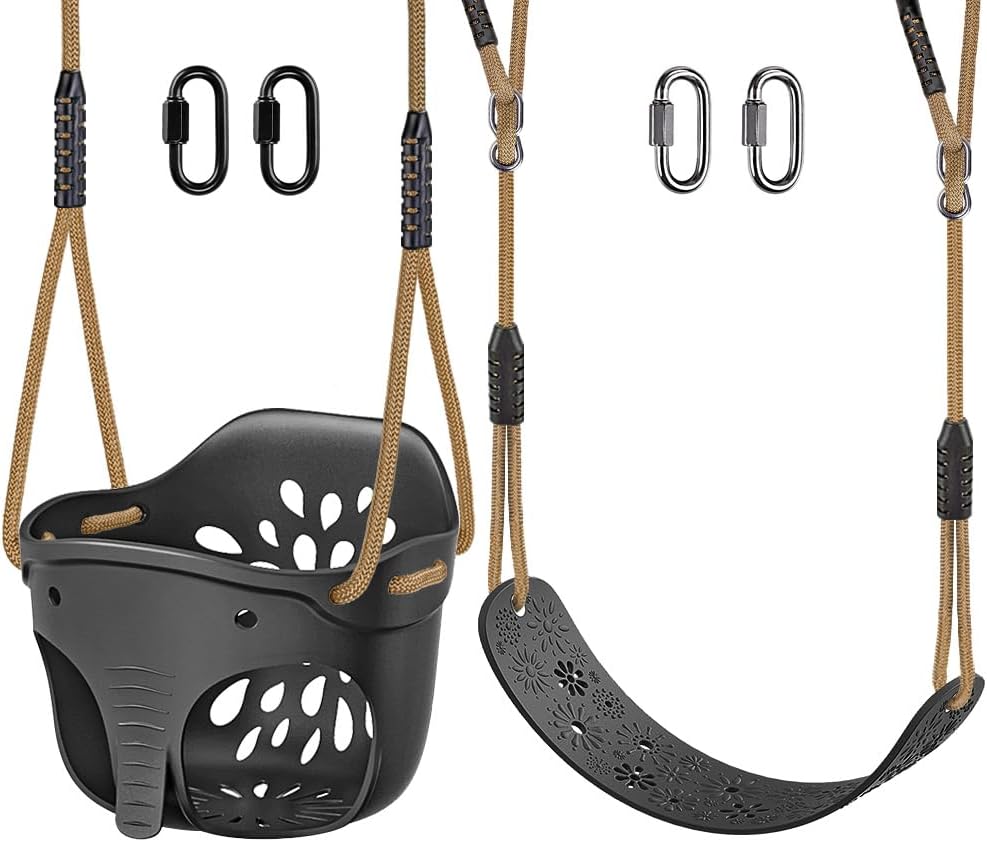 SELEWARE Toddler Swing Set Accessories High Back Full Bucket Swing Seats w/Adjustable Rope and 4 Locking Carabiners, Cute Elephant Shape Design 600LB Capacity (2 Pack)