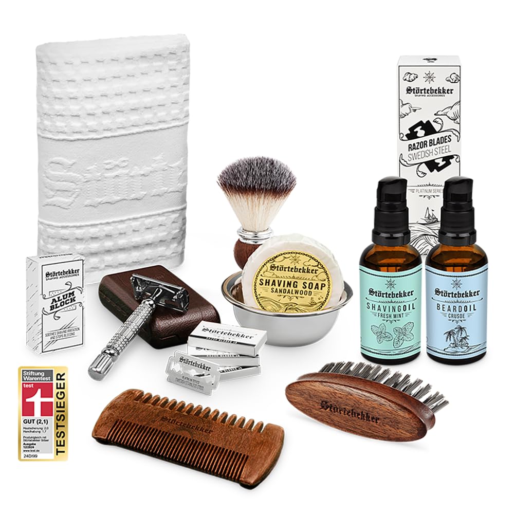 Störtebekker® Premium Rasierhobel All-in-one Set - inkl. Rasierpinsel, Rasierseife, Rasierschale, Rasieröl, Rasierklingen, Rasiertuch, Alaunstein, Bartöl, Bartkamm und Bartbürste - Geschenkidee