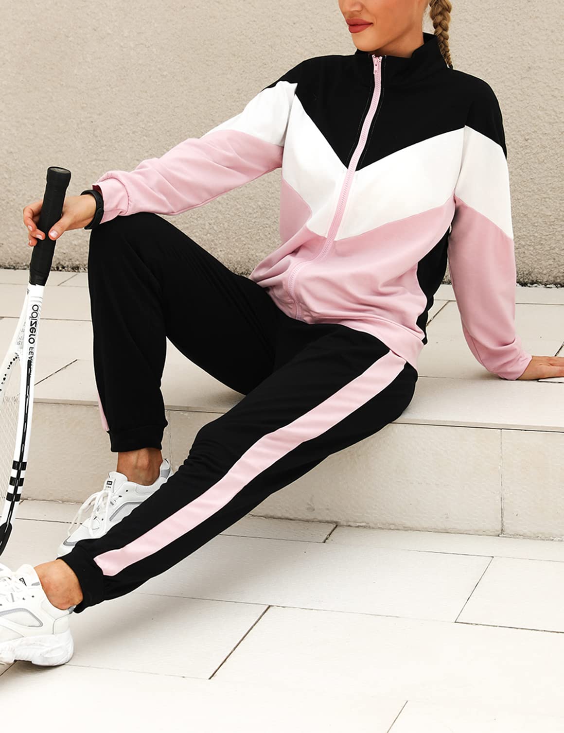 Marvmys Survêtement Femme Couleurs Contrastées élégant Sport Ensemble Sportwear à Manches Longues Zippé Pour Fitness Jogging