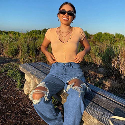 Yuemengxuan Women Ripped Jeans, Ladies Fashion Hollow Out Baggy High Waist Denim Pants Female Casual Loose Trousers4