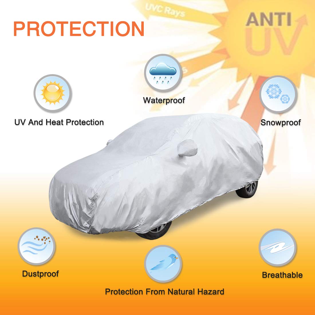 uxcell YL Silver Tone 170T Car Cover Outdoor Weather Waterproof Scratch Rain Snow Heat Resistant W Mirror Pocket — view 2