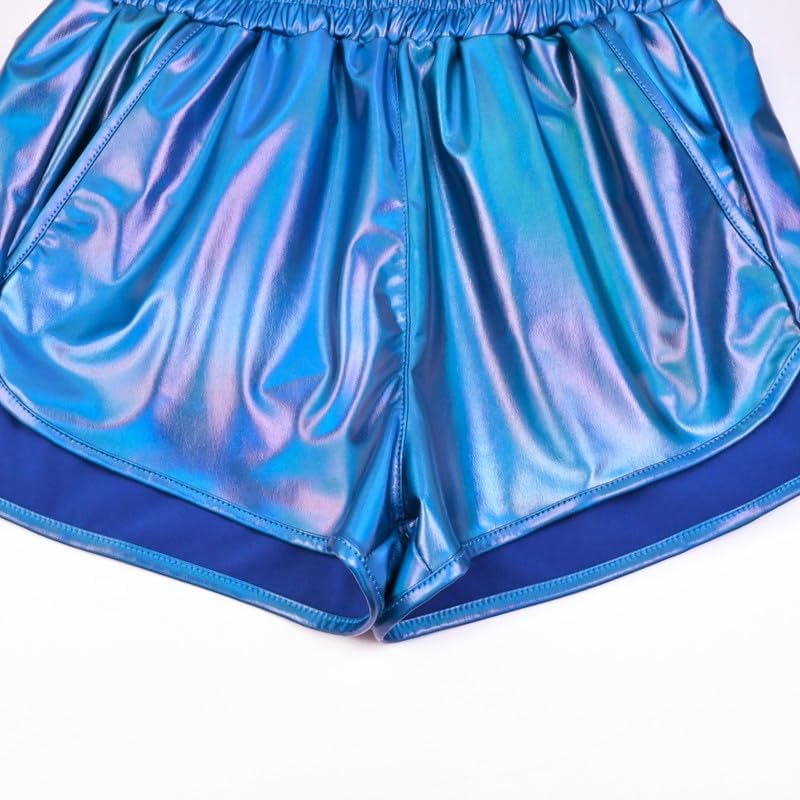 Image of Perfashion Women's Metallic Shiny Shorts Sparkly Hot Yoga Outfit