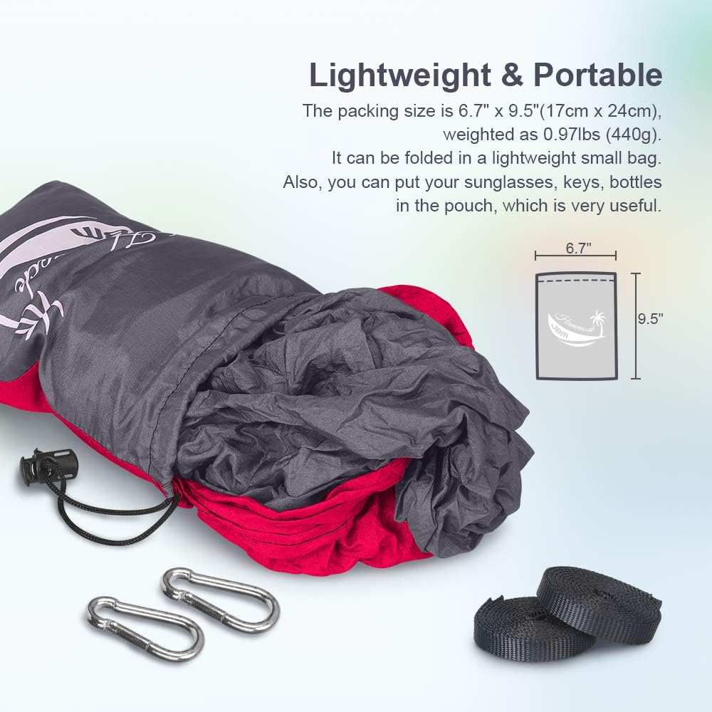 JBM Camping Single Hammock Portable Hammock Swing with Carrying Bag Nylon Ropes & Steel Carabiners Outdoor Camping Hammock for Patio Porch Garden Backyard Lounging - Support 264-330lbs
