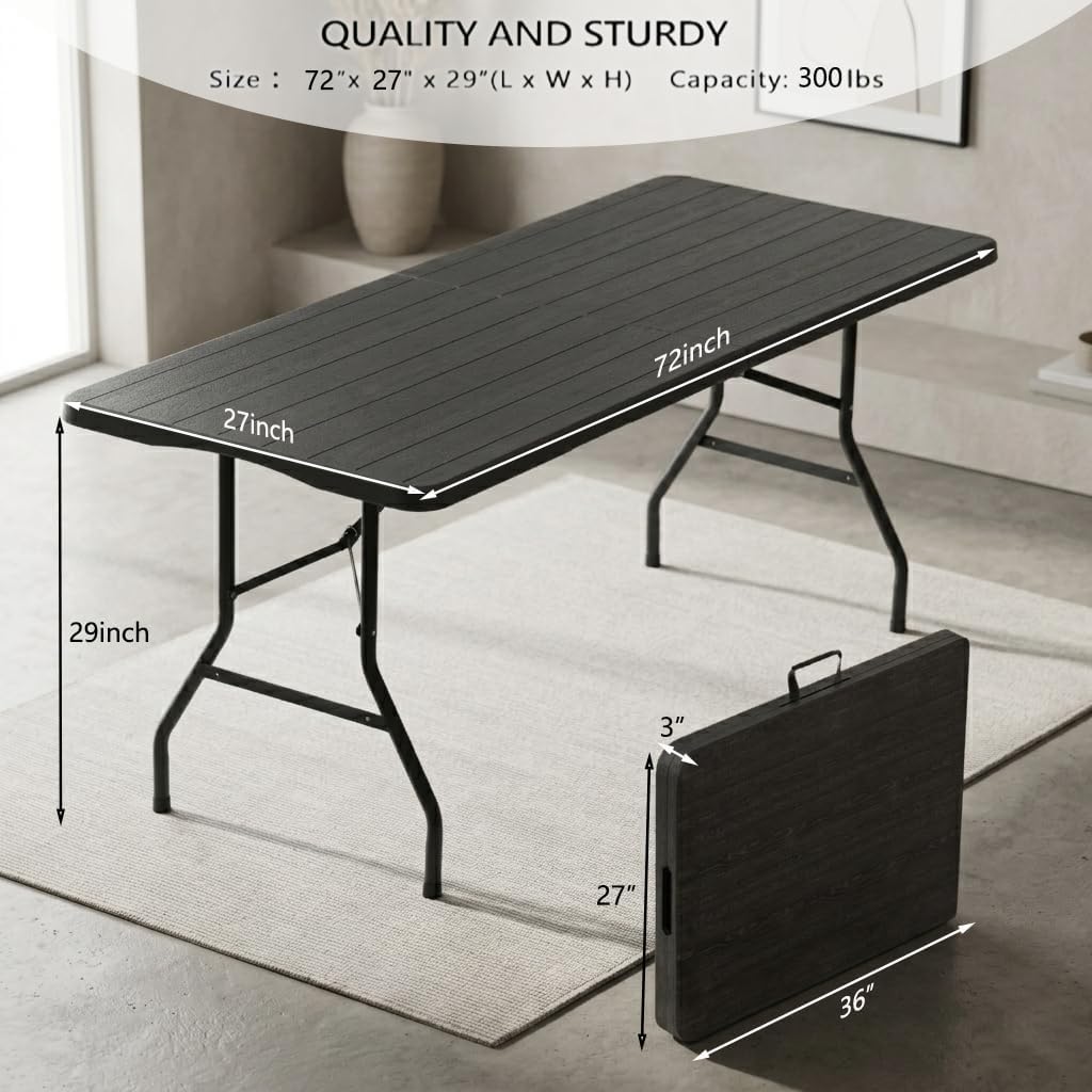 6FT Heavy Duty Folding Table, Fold-in-Half Portable Plastic Table with Carry Handle, Tree Pattern HDPE Tabletop, Indoor Outdoor Utility Table for Watch Party, BBQ,Camping,Events,Backyard Dining–Grey
