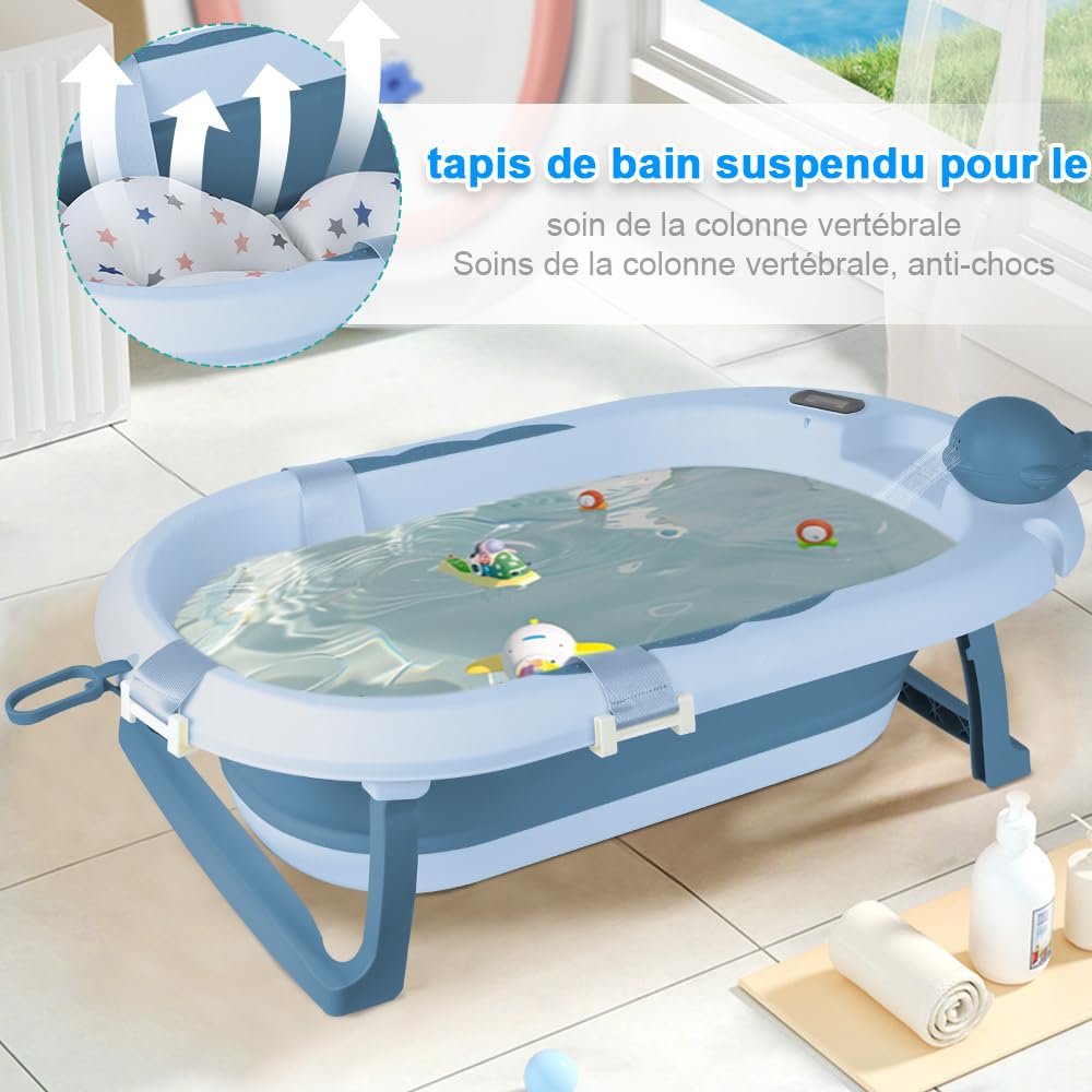 MUL-BOUTIQU Baignoire Bébé Pliable XXL avec Support, Thermomètre et Coussin - Baignoire Bebe Sur Pied - Idéal Pour Cadeau De Naissance Fille Ou Garçon (bleu)