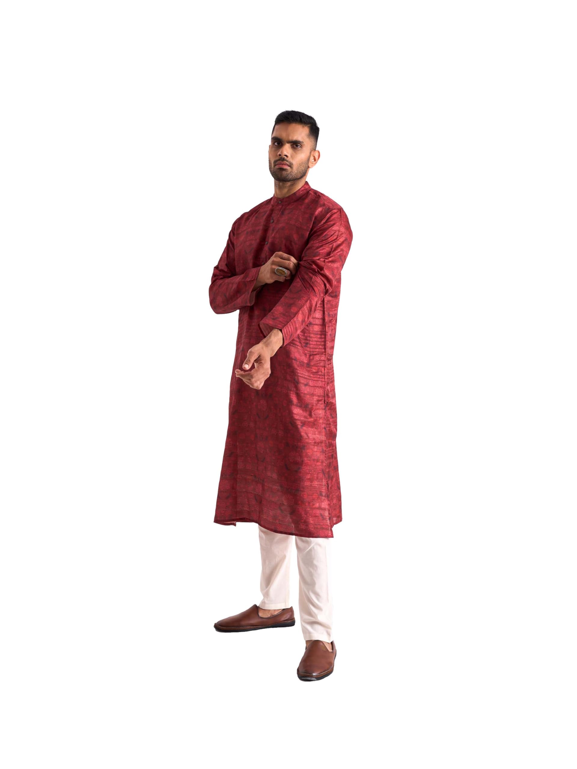 Fabric Pandit Men's Regular Fit Printed Long Kurta with Antique Buttons